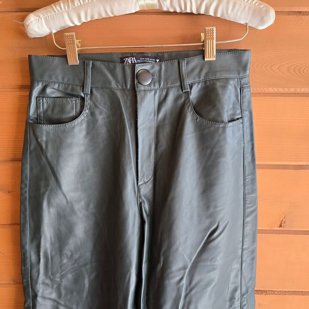 Zara Faux Leather Culotte Pant Wide Leg Dark Green High Waist Flare Crop S Y2K - Picture 5 of 7